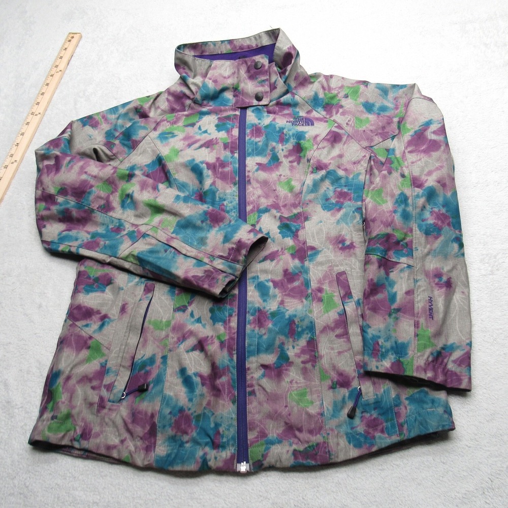 North Face Jacket Women Medium Gray Abstract Waterproof HyVent Full Zip Hiking